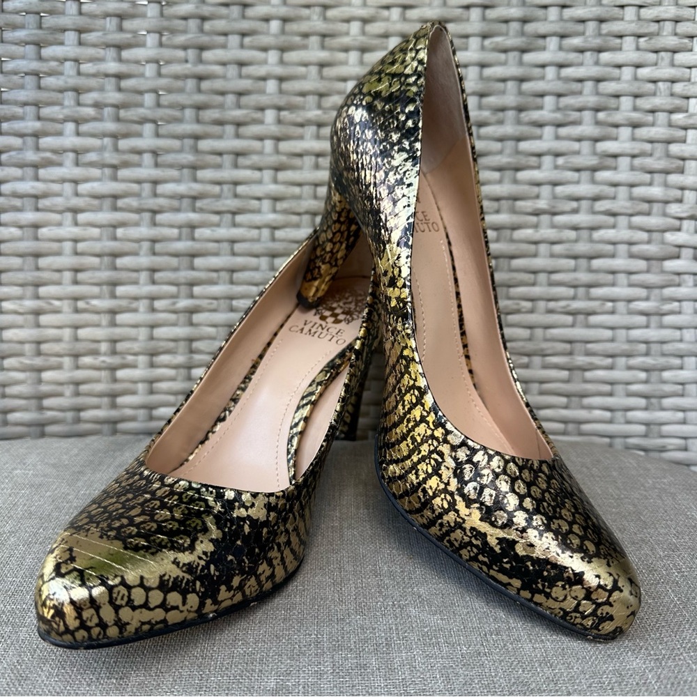 Vince Camuto Gold and Black Snack Skin Print Leather Heel Shoe